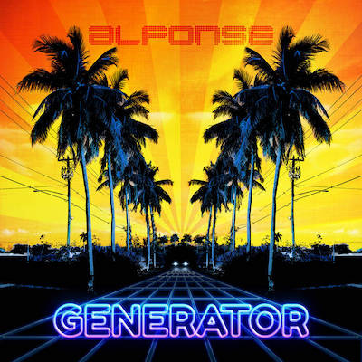 Cover art for Generator, with car headlights at the end of a glowing neon road between palm trees under an orange sky