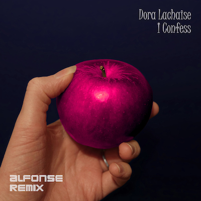 Cover art for I Confess Alfonse remix, with a metallic pink apple held in a hand