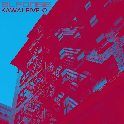 Red and blue stylised cover art for Kawai Five-O showing shadows on an apartment block