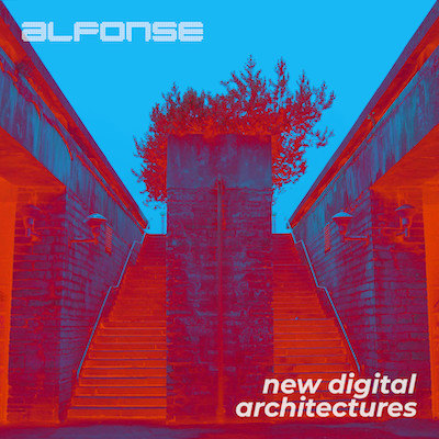 Red and blue stylised cover art for New Digital Architectures, with two ascending staircases in a brutalist concrete building