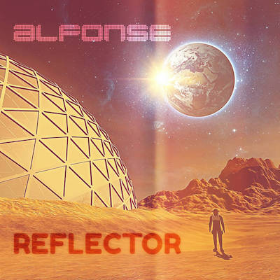 Cover art for Reflector, a spacesuited figure next to a dome on Mars watches the sun appear from behind Earth