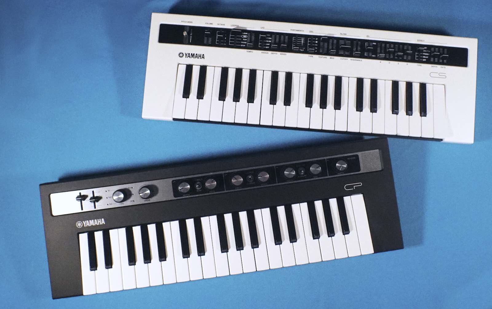 Yamaha Reface CS and CP keyboards on a blue background