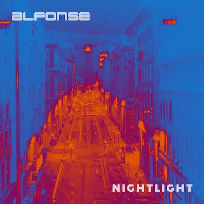 Nightlight album cover art shows a stylised photo of a city street at night, coloured red, purple and blue